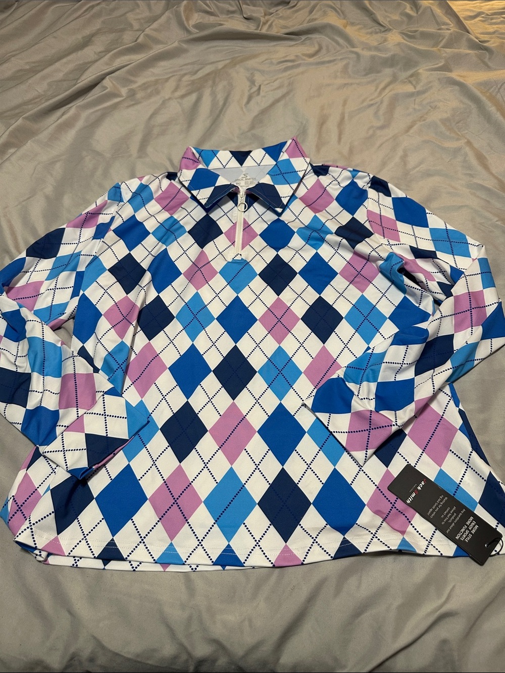 Long Sleeve Argyle Zip Polo Top - Blue / Purple